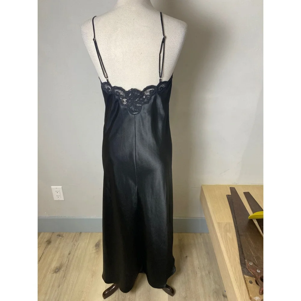 VTG Fredrick of Hollywood Black Satin Nightgown Slip Dress Maxi Lingerie Gown